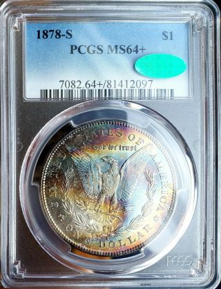 Pcgs Ms64,  1878 S Cac Monster Rainbow Toned Gem Morgan Silver Dollar Proof Like