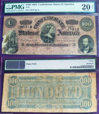 1864 T - 65,  $100 The Confederate States Of America,  Pmg Certified Vf 20