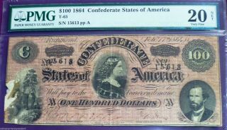 1864 T - 65,  $100 The Confederate States of America,  PMG Certified VF 20 2
