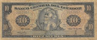 Ecuador 10 Sucres 5.  24.  1968 Series Kx Circulated Banknote Jlb6