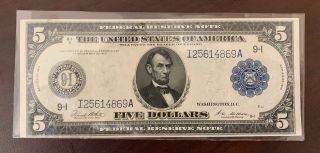 Large 1914 $5 Dollar Bill Federal Reserve Note Big Frn Paper Money - Exceptional