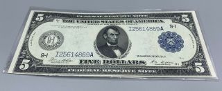 LARGE 1914 $5 DOLLAR BILL FEDERAL RESERVE NOTE BIG FRN PAPER MONEY - EXCEPTIONAL 2