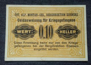 10 Heller Eisenerz Ww1 Austria Hungary Pow Camp Prisoner Of War Note Lagergeld
