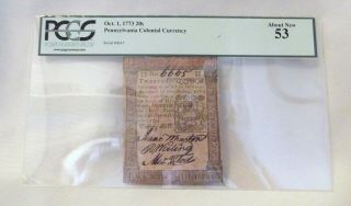 Pcgs 53an Pennsylvania Colonial Currency Oct.  1,  1773 20s Serial 6645