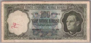 559 - 0130 Turkey | Central Bank,  100 Lira,  L.  1930/1964,  Pick 177a,  F - Vf