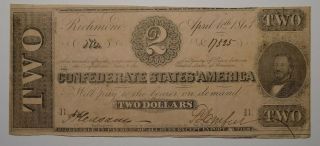 1863 Confederate States Of America $2 Banknote T - 61 Fine Judah P Benjamin