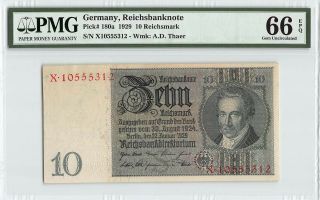 Germany,  Reichsbanknote 1929 P - 180a Pmg Gem Unc 66 Epq 10 Mark