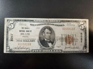 1929 $5 The Riddell National Bank Of Brazil Indiana - Ch 5267