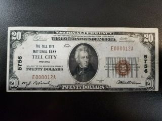 1929 $20 - The Tell City National Bank Of Tell City Indiana - Ch 5756