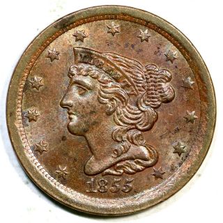 1855 Braided Hair Half Cent Coin 1/2c