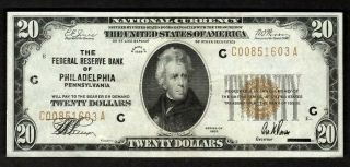 1929 $20 Federal Reserve Bank Of Philadelphia Pennsylvania National Currency