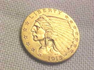 1915 Us Indian Head 2 1/2 Dollar Gold Coin,  Like Un - Circulated