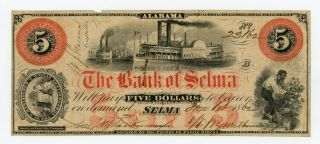 1862 $5 The Bank Of Selma,  Alabama Note - Civil War Era W/ Ships,  Slave