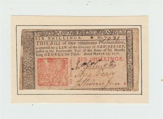 1776 Jersey Colonial Currency 6 Shillings 6s Note Mounted Us Usa