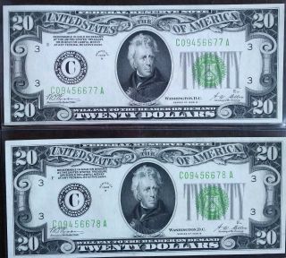 (2) 1928 Twenty Dollar Notes,  Sequential,  Crisp Au,  2 Notes.
