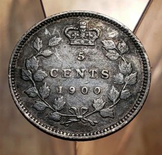 1900 Small Date Oval O Canada Queen Victoria 5 Cents Silver Coin - - 2