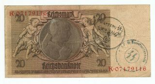 German Reichsbanknote 20 Mark With Third Reich Stamped