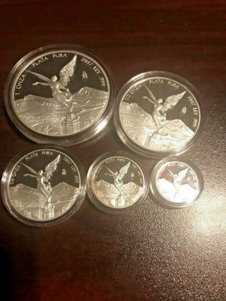 2017 Mexico - Set Of 5 Silver Libertad Proof Coins In Capsules