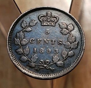 1893 Canada Queen Victoria 5 Cents Silver Coin 2