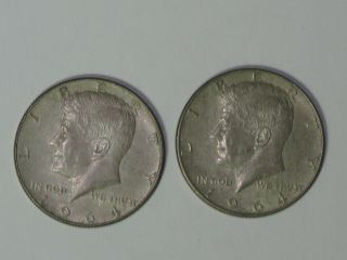 Two 1964 D Kennedy Half Dollars,  Ungraded,  Circulated,  90 Silver,  0230