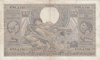 100 Francs Very Fine Banknote From Belgium 1938 Pick - 107