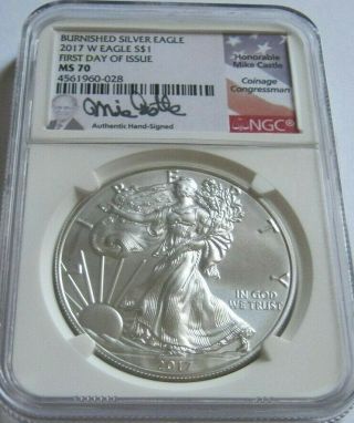 2017 - W Ngc Ms70 Burnished American Silver Eagle First Day Of Issue