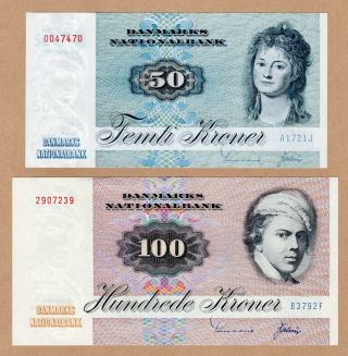 Denmark - 50 & 100 Kroner (p - 50a Aunc,  & 51f Xf, ) - Cv:$175