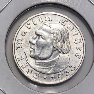 1933 F - 2 Mark Wwii German Nazi Silver - Martin Luther Coin - 3rd Third Reich