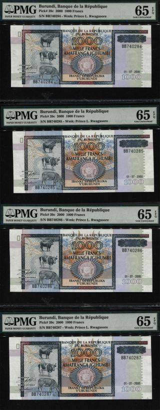 Tt Pk 39c 2000 Burundi 1000 Francs Pmg 65 Epq Gem Unc Seq Set Of Four Notes