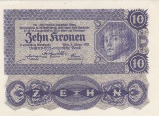 10 Kronen Aunc Banknote From Austria 1922 Pick - 75