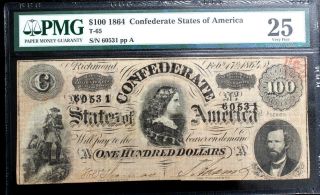 T - 65 $100 1864 Confederate States Of America Lucy Pickens Pmg 25 Very Fine
