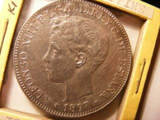 Philippines 1897 Large Silver Peso,  Xf,  Km 154
