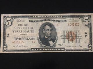 1929 $5 National Bank Note Terre Haute Indiana Type 2 Ch.  47