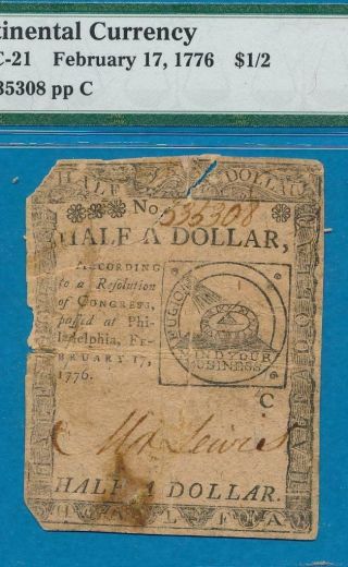 Cc - 21 Scarce Half A Dollar Continental Currency Pmg Vf20 Net Feb.  17th,  1776 Vf