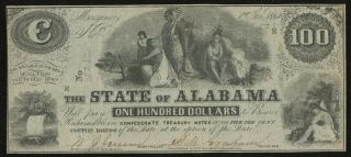 1860s State Of Alabama One Hundred Dollars $100 Note Csa Civil War Note