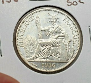 1936 French Indochina Fifty Cents Au,  / Unc.  But Details Cleaned
