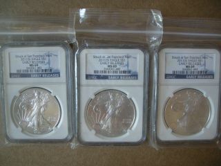 3 Silver Dollar Coins 2011 (s) Eagle 1 Oz Ms - 69 Early Releases San Francisco Ngc