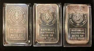 (3) Johnson Matthey Republic National Bank Silver 1 Oz.  999 Bar Rnb Jm (3 Bars)