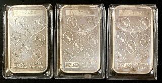 (3) Johnson Matthey Republic National Bank Silver 1 oz.  999 Bar RNB JM (3 Bars) 5