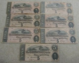 7 Total 1864 Confederate States Of America $5 Five Dollar Bill Notes