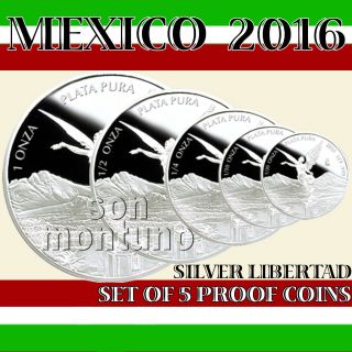 2016 Mexico - Set Of 5 Silver Libertad Proof Coins In Capsules