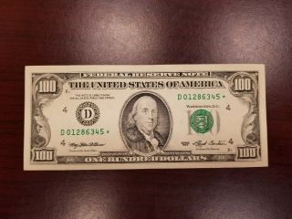 Series 1993 Us One Hundred Dollar Bill $100 Cleveland D01286345 Star Note