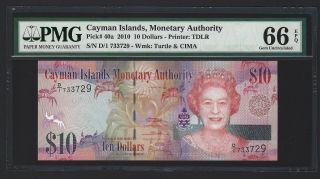 Cayman Islands $10 Dollars 2010,  Monetary Authority P - 40a,  Pmg 66 Epq Gem Unc