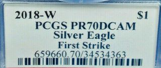 2018 W PCGS PR70 DCAM Deep Silver Eagle Red Bridge Label First Strike Mercanti 3