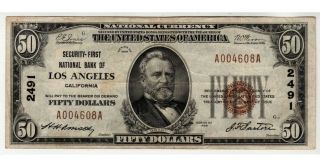 $50 1929 Security - First National Bank Of Los Angeles,  Ca Ch 2491 Very Fine