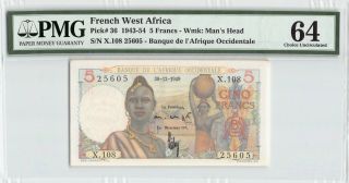 French West Africa 1949 P - 36 Pmg Choice Unc 64 5 Francs