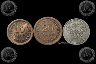 Cape Verde Set 3 Coins 1930: 10,  20,  50 Centavos (km 2,  3,  4) Vf - Xf