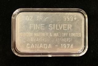 Johnson Matthey And Mallory Limited 1974 Canada Ultra Rare Silver 1 Oz Bar