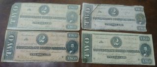1864 & 1863 $2 Dollar Bill Confederate States Civil War Note Bills - 4 Total