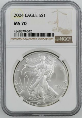 2004 American Silver Eagle Ngc Ms70 1 Ozt 999 Fine Silver S$1